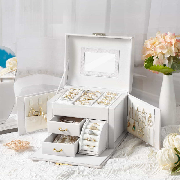Casegrace Jewelry Organizer with Mirror 2 Drawers & Lock Jewelry Gift Box for Women Jewellery Boxes for Ring Necklace